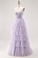 Load image into Gallery viewer, Glitter Lilac A Line Tiered Tulle Long Corset Prom Dress with Lace