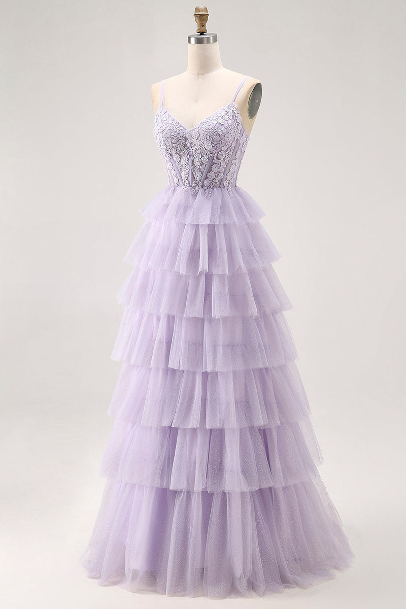 Load image into Gallery viewer, Glitter Lilac A Line Tiered Tulle Long Corset Prom Dress with Lace