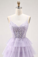 Load image into Gallery viewer, Glitter Lilac A Line Tiered Tulle Long Corset Prom Dress with Lace