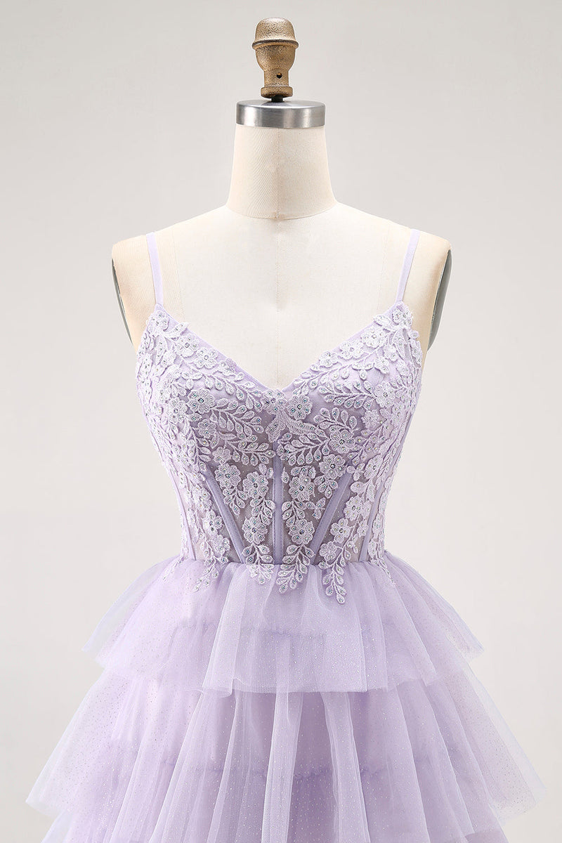 Load image into Gallery viewer, Glitter Lilac A Line Tiered Tulle Long Corset Prom Dress with Lace