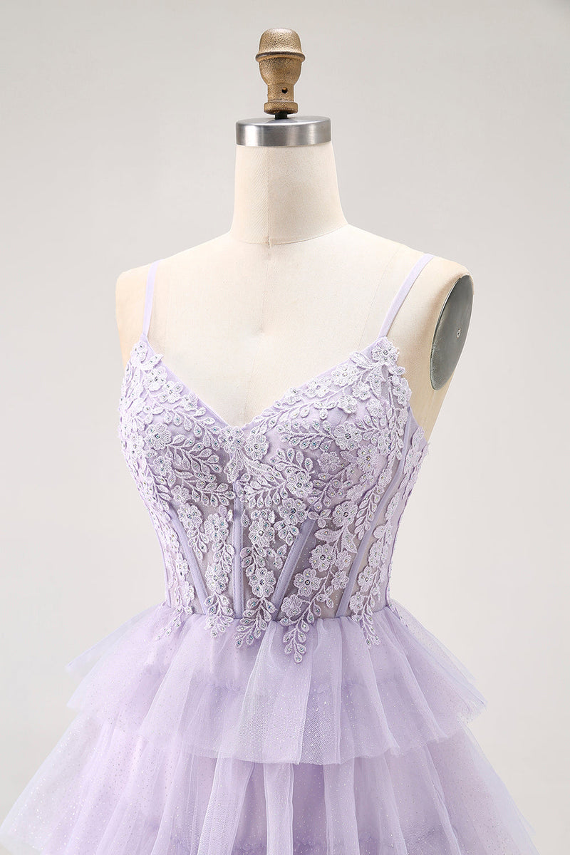 Load image into Gallery viewer, Glitter Lilac A Line Tiered Tulle Long Corset Prom Dress with Lace