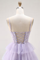 Load image into Gallery viewer, Glitter Lilac A Line Tiered Tulle Long Corset Prom Dress with Lace