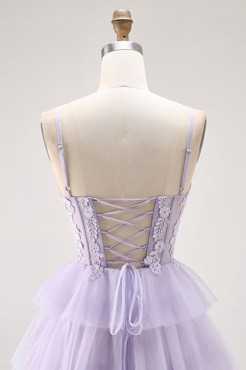 Load image into Gallery viewer, Glitter Lilac A Line Tiered Tulle Long Corset Prom Dress with Lace