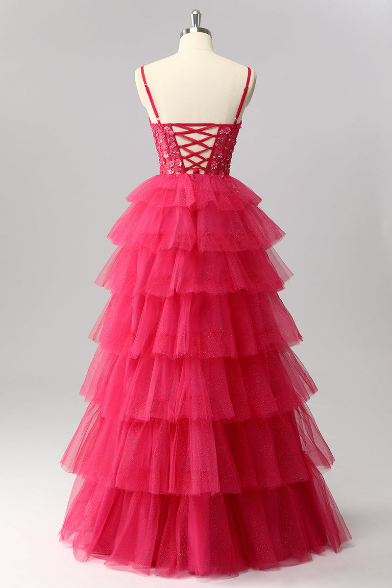 Load image into Gallery viewer, Sparkly Fuchsia Tulle A-Line Tiered Spaghetti Straps Long Corset Prom Dress with Sequins