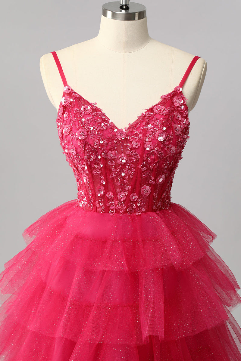 Load image into Gallery viewer, Sparkly Fuchsia Tulle A-Line Tiered Spaghetti Straps Long Corset Prom Dress with Sequins