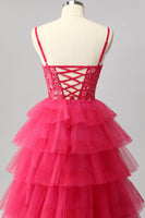 Load image into Gallery viewer, Sparkly Fuchsia Tulle A-Line Tiered Spaghetti Straps Long Corset Prom Dress with Sequins