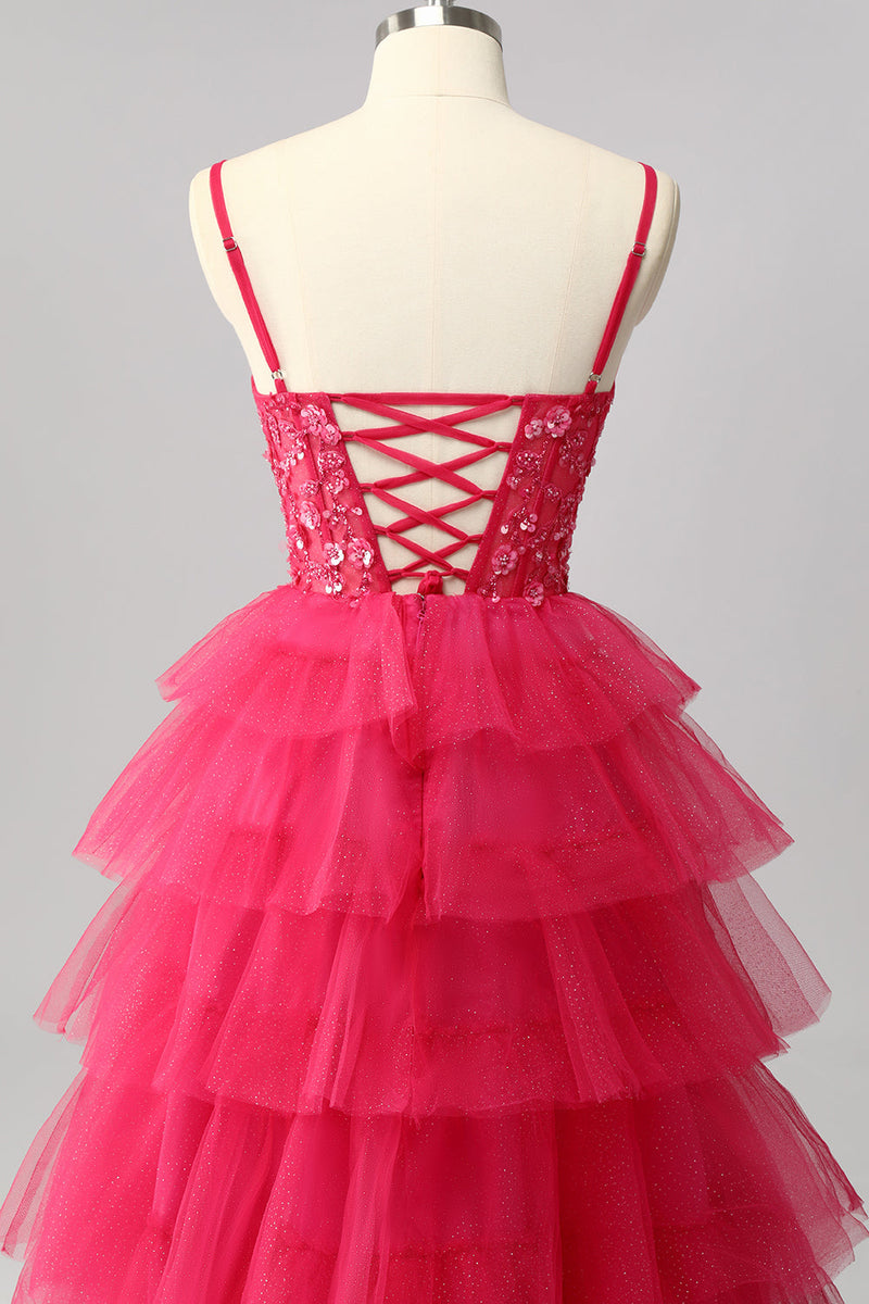 Load image into Gallery viewer, Sparkly Fuchsia Tulle A-Line Tiered Spaghetti Straps Long Corset Prom Dress with Sequins