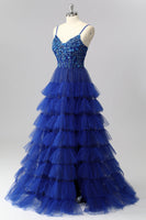 Load image into Gallery viewer, Sparkly Royal Blue Tulle A-Line Tiered Long Corset Prom Dress with Sequins