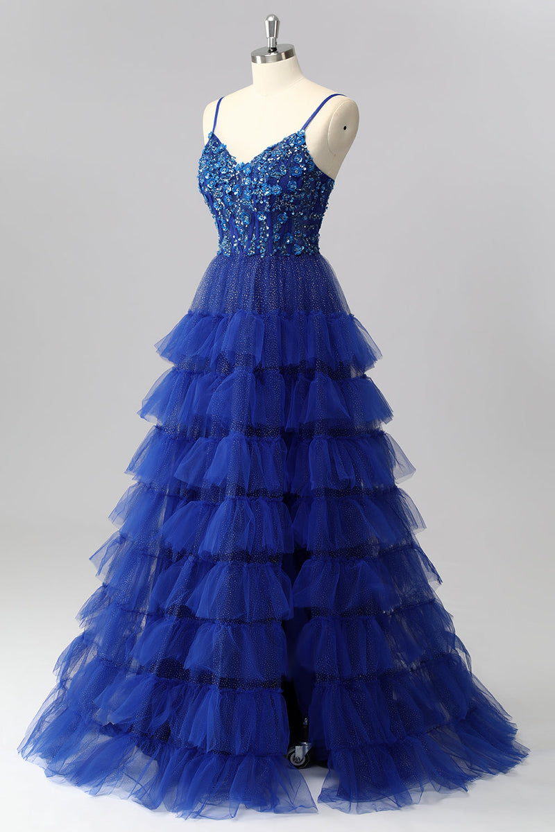 Load image into Gallery viewer, Sparkly Royal Blue Tulle A-Line Tiered Long Corset Prom Dress with Sequins