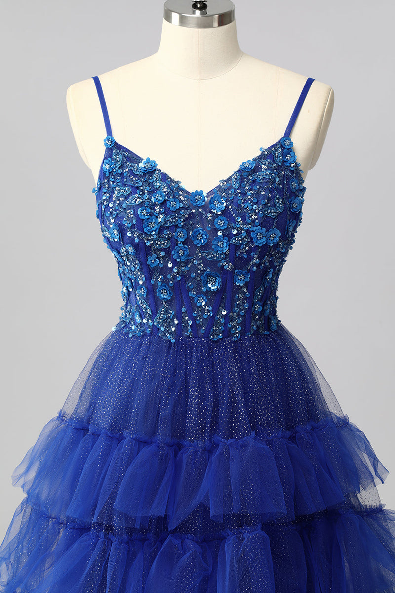 Load image into Gallery viewer, Sparkly Royal Blue Tulle A-Line Tiered Long Corset Prom Dress with Sequins