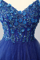 Load image into Gallery viewer, Sparkly Royal Blue Tulle A-Line Tiered Long Corset Prom Dress with Sequins