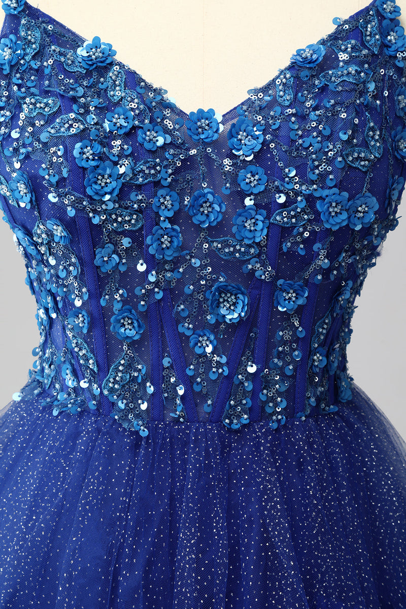 Load image into Gallery viewer, Sparkly Royal Blue Tulle A-Line Tiered Long Corset Prom Dress with Sequins