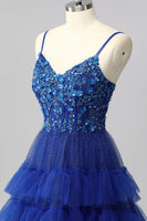 Load image into Gallery viewer, Sparkly Royal Blue Tulle A-Line Tiered Long Corset Prom Dress with Sequins