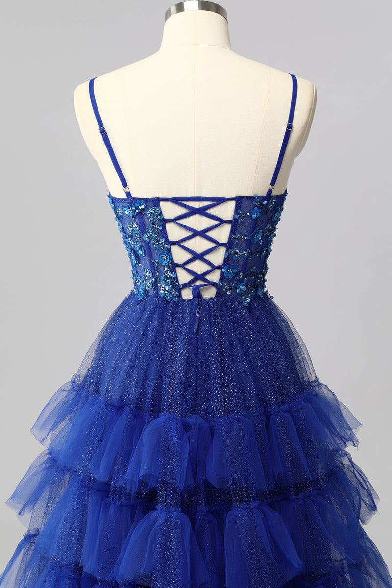 Load image into Gallery viewer, Sparkly Royal Blue Tulle A-Line Tiered Long Corset Prom Dress with Sequins