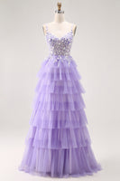 Load image into Gallery viewer, Glitter Purple A Line Tulle Tiered Long Prom Dress with Lace