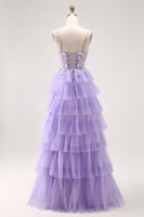 Load image into Gallery viewer, Glitter Purple A Line Tulle Tiered Long Prom Dress with Lace