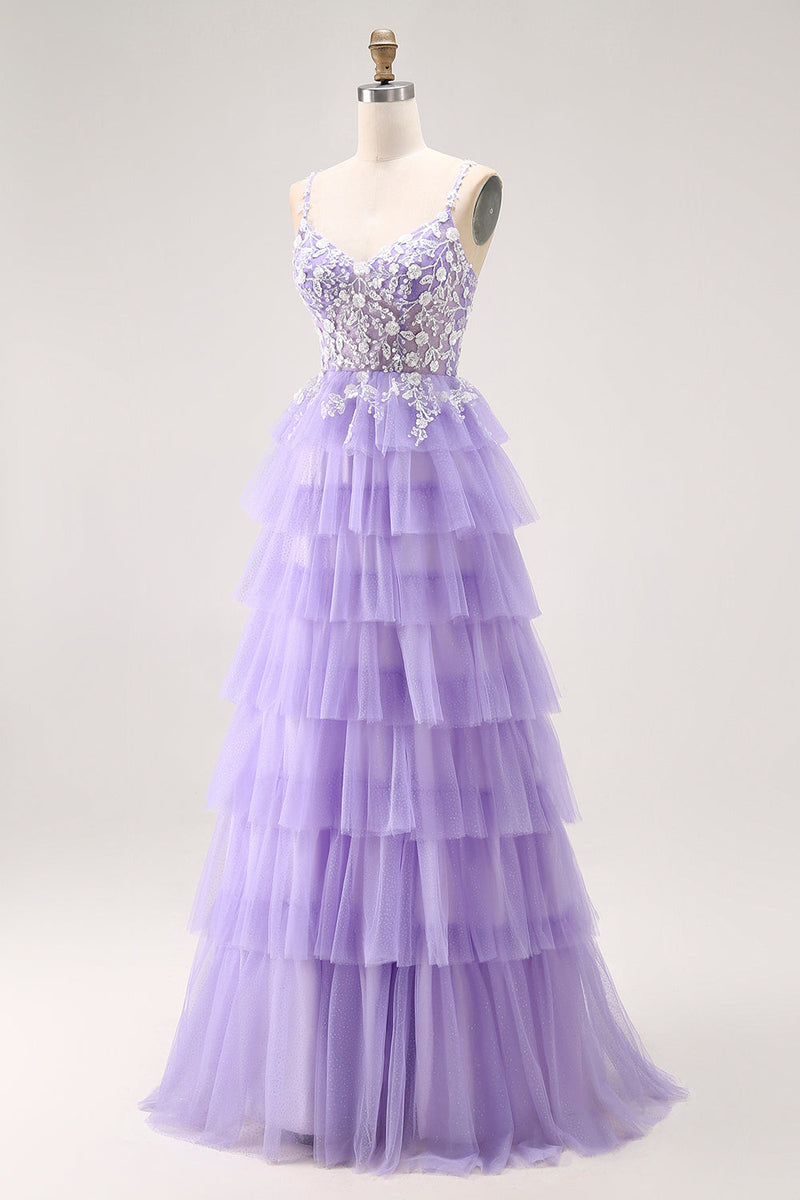 Load image into Gallery viewer, Glitter Purple A Line Tulle Tiered Long Prom Dress with Lace