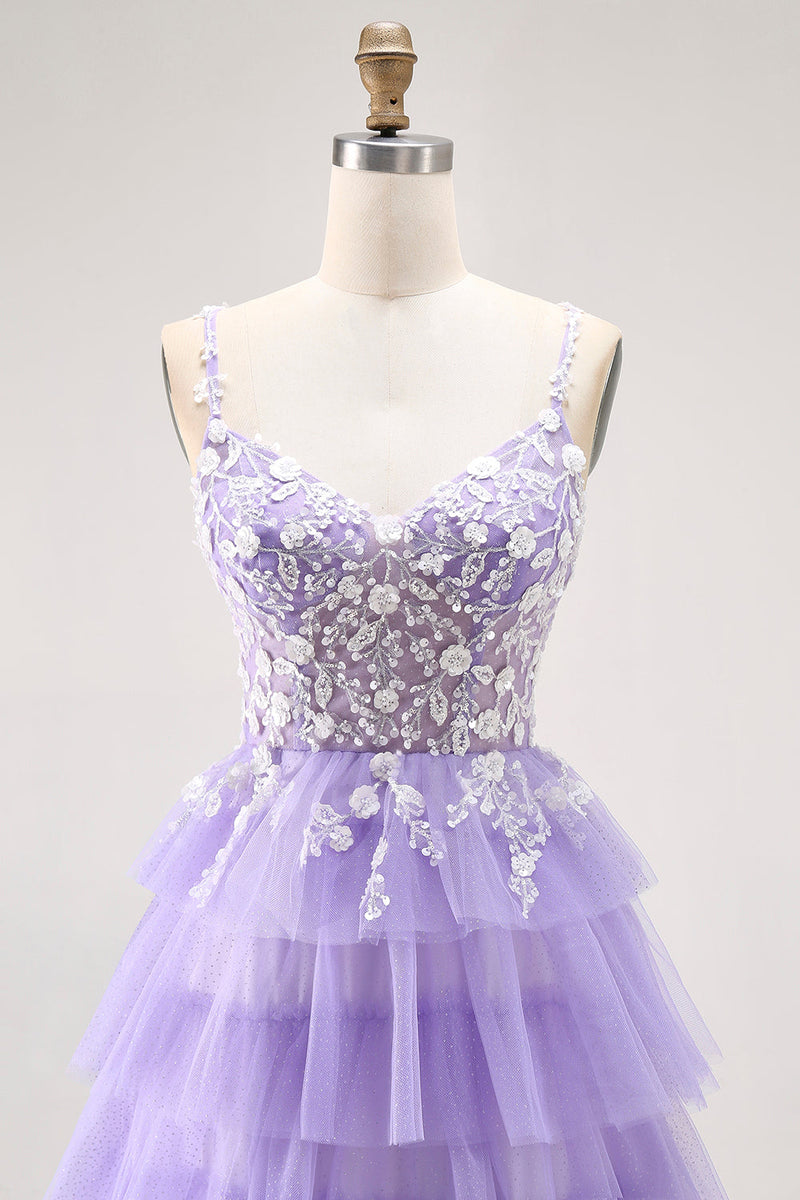 Load image into Gallery viewer, Glitter Purple A Line Tulle Tiered Long Prom Dress with Lace