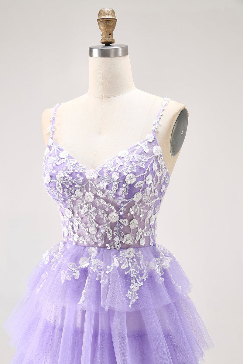 Load image into Gallery viewer, Glitter Purple A Line Tulle Tiered Long Prom Dress with Lace