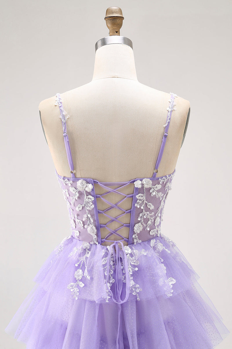 Load image into Gallery viewer, Glitter Purple A Line Tulle Tiered Long Prom Dress with Lace