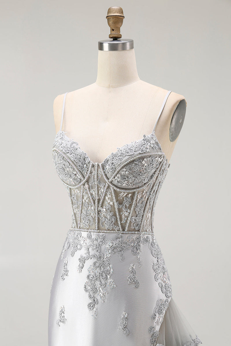 Load image into Gallery viewer, Sparkly Grey Mermaid Satin Mermaid Long Corset Prom Dress with Beading