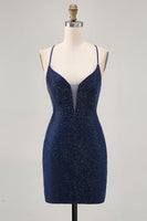 Load image into Gallery viewer, Sparkly Dark Blue Short Tight Homecoming Dress with Beading