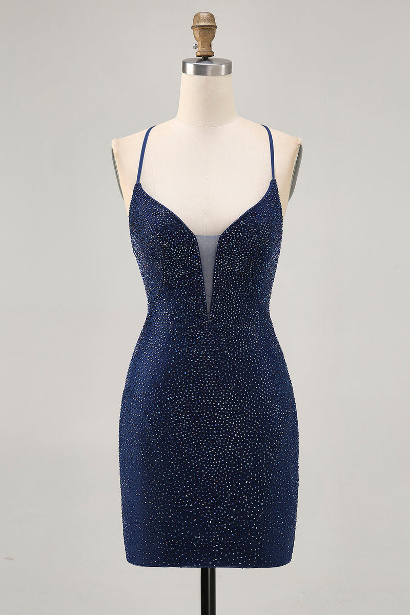 Load image into Gallery viewer, Sparkly Dark Blue Short Tight Homecoming Dress with Beading
