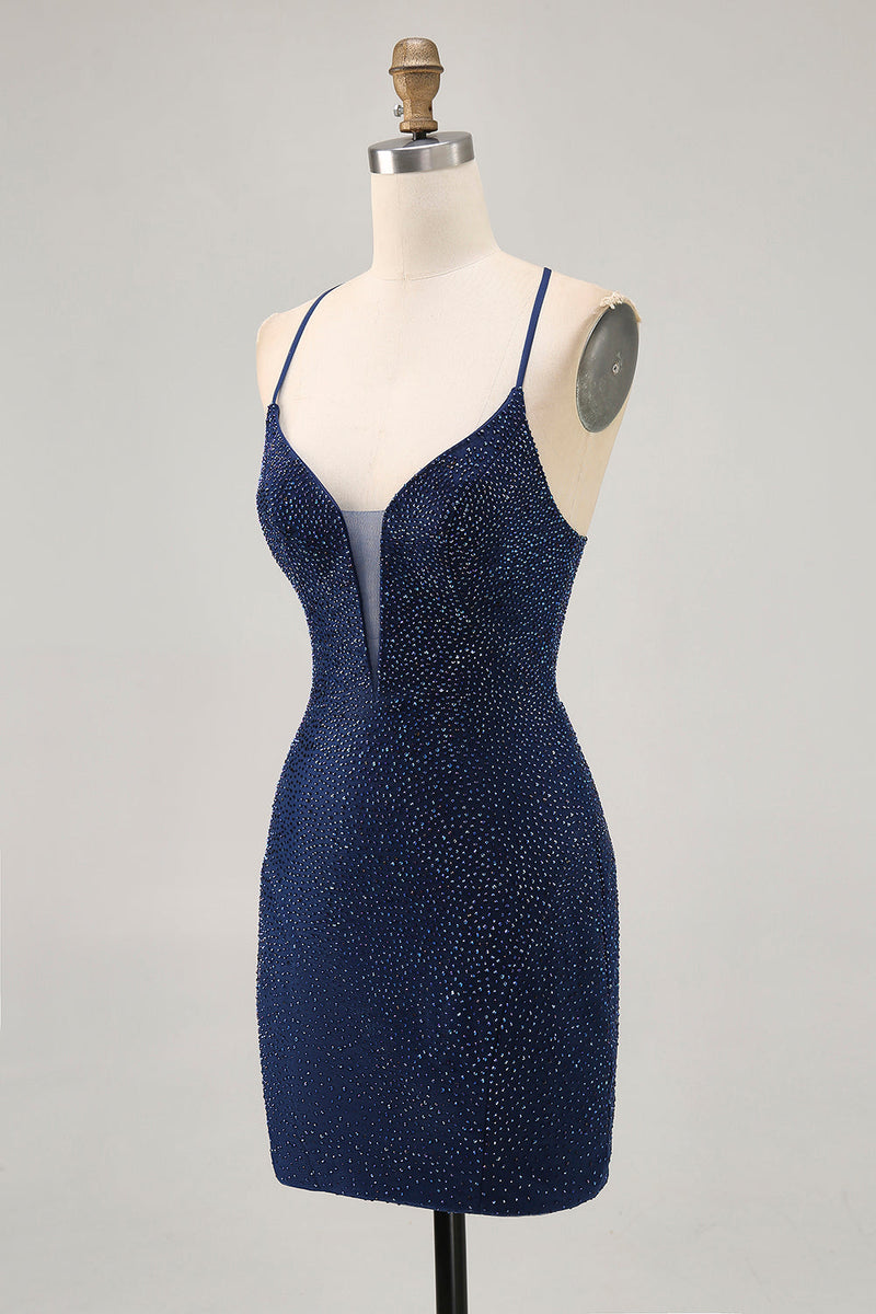 Load image into Gallery viewer, Sparkly Dark Blue Short Tight Homecoming Dress with Beading