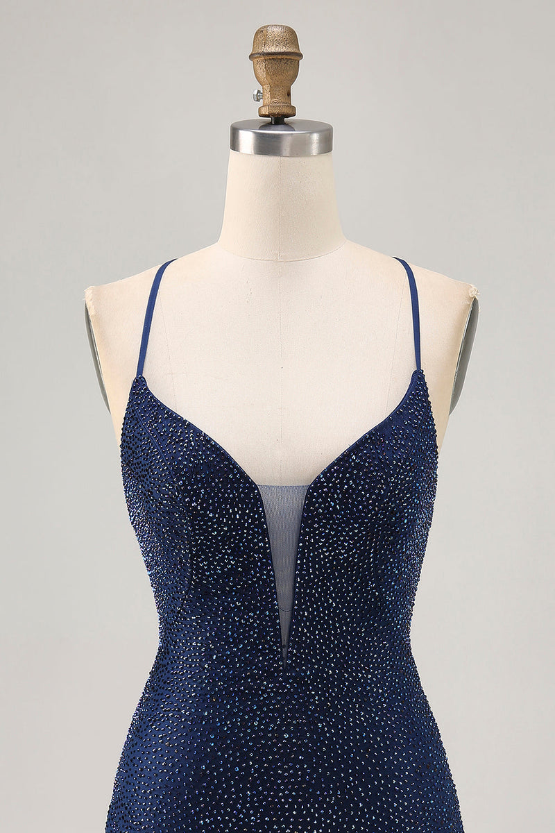 Load image into Gallery viewer, Sparkly Dark Blue Short Tight Homecoming Dress with Beading