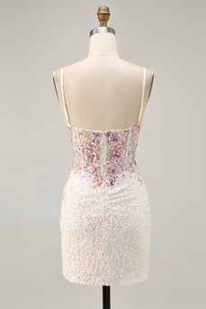 Sparkly Floral White Sequins Tight Short Corset Homecoming Dress