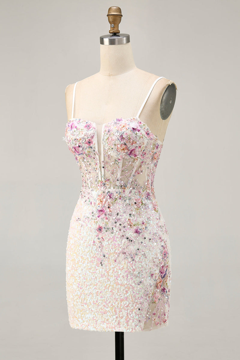 Load image into Gallery viewer, Sparkly Floral White Sequins Tight Short Corset Homecoming Dress