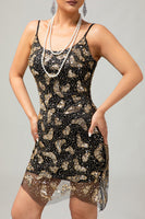 Load image into Gallery viewer, Sparkly Black Golden Tight Sequins Short 1920s Dress with Beading