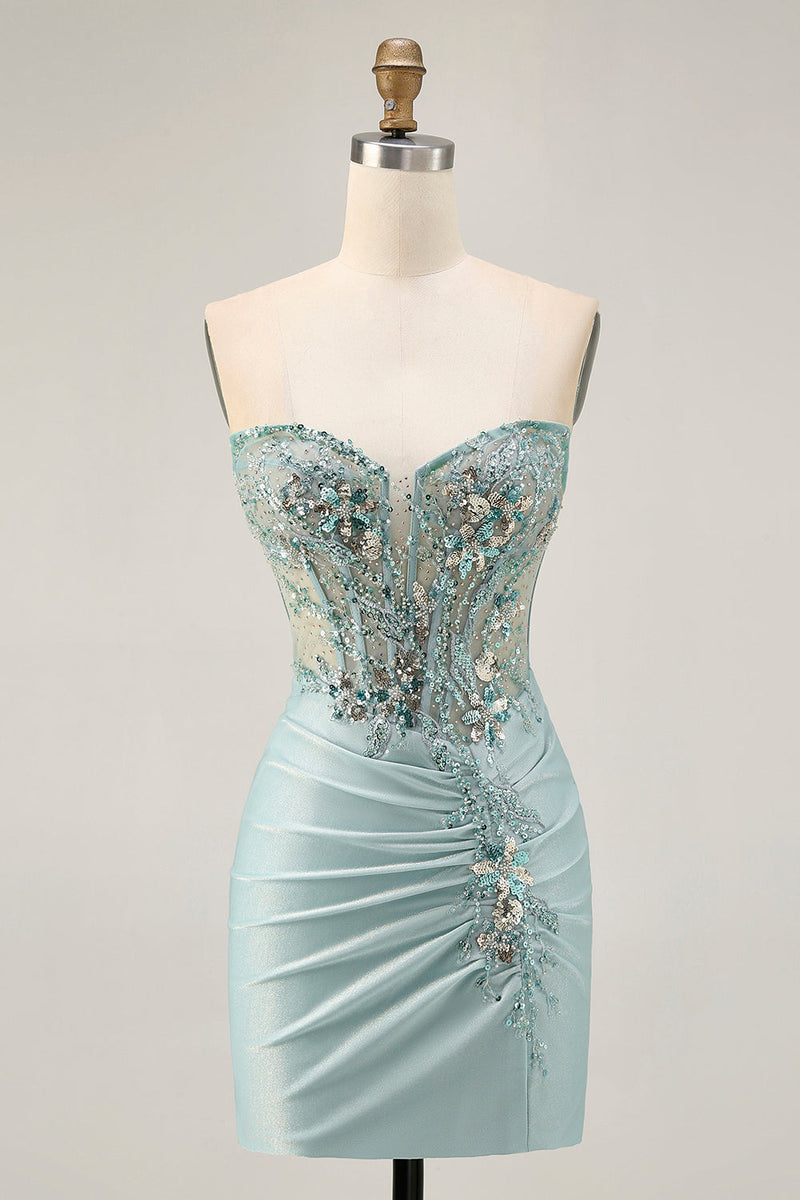 Load image into Gallery viewer, Sparkly Grey Green Tight Short Corset Homecoming Dress with Beading