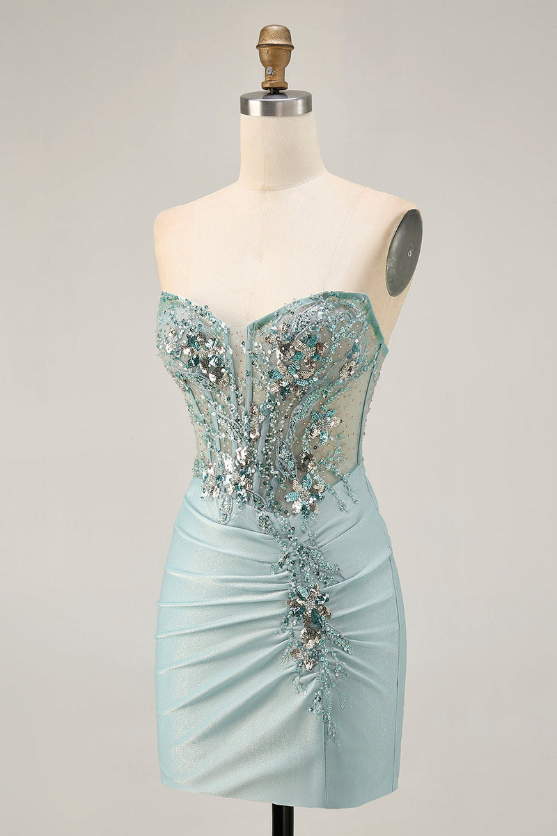 Load image into Gallery viewer, Sparkly Grey Green Tight Short Corset Homecoming Dress with Beading