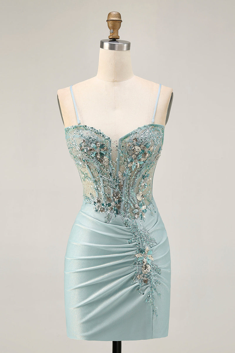 Load image into Gallery viewer, Sparkly Grey Green Tight Short Corset Homecoming Dress with Beading