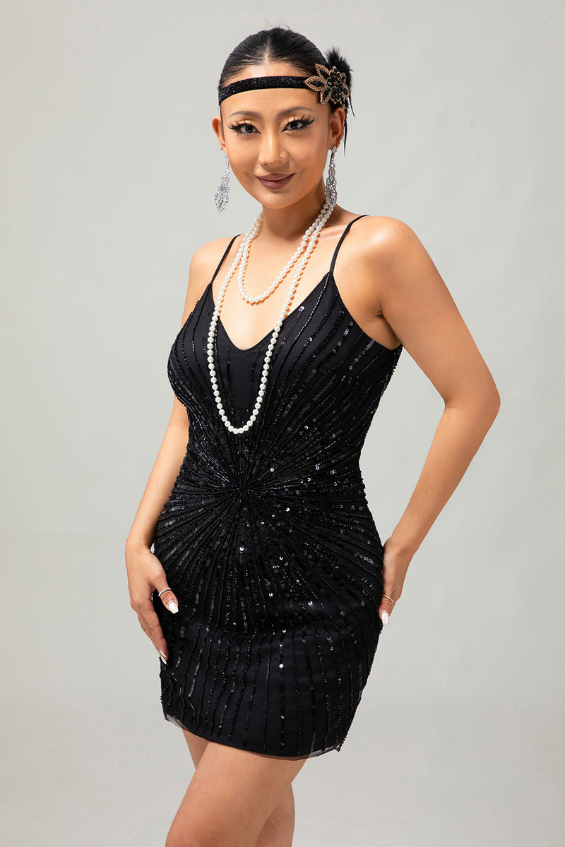 Load image into Gallery viewer, Sparkly Black Tight Short 1920s Dress with Sequins