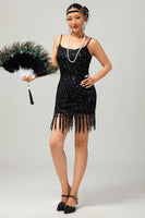Load image into Gallery viewer, Sparkly Black Tight Sequins Short 1920s Dress with Fringes