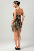 Load image into Gallery viewer, Sparkly Black Golden Fringed Short 1920s Dress with Sequins