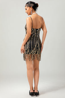 Sparkly Black Golden Fringed Short 1920s Dress with Sequins