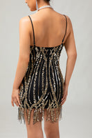 Load image into Gallery viewer, Sparkly Black Golden Fringed Short 1920s Dress with Sequins