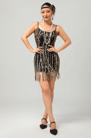 Load image into Gallery viewer, Sparkly Black Golden Fringed Short 1920s Dress with Sequins