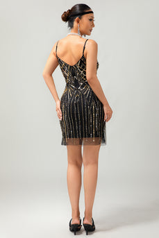 Sparkly Black Golden Spaghetti Straps Sequins Short Flapper Dress