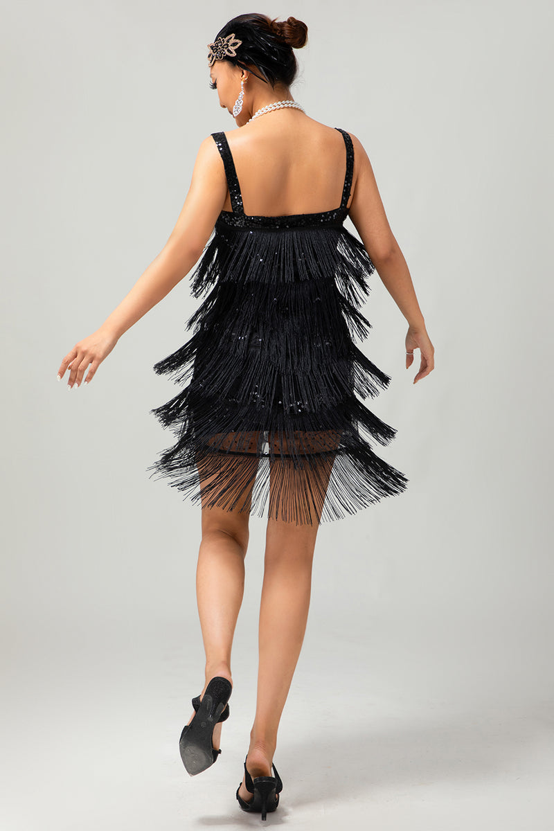 Load image into Gallery viewer, Sparkly Black Fringed Tight Short Flapper Dress