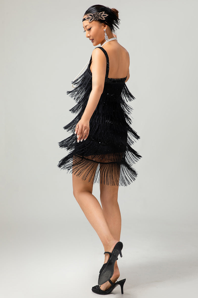 Load image into Gallery viewer, Sparkly Black Fringed Tight Short Flapper Dress
