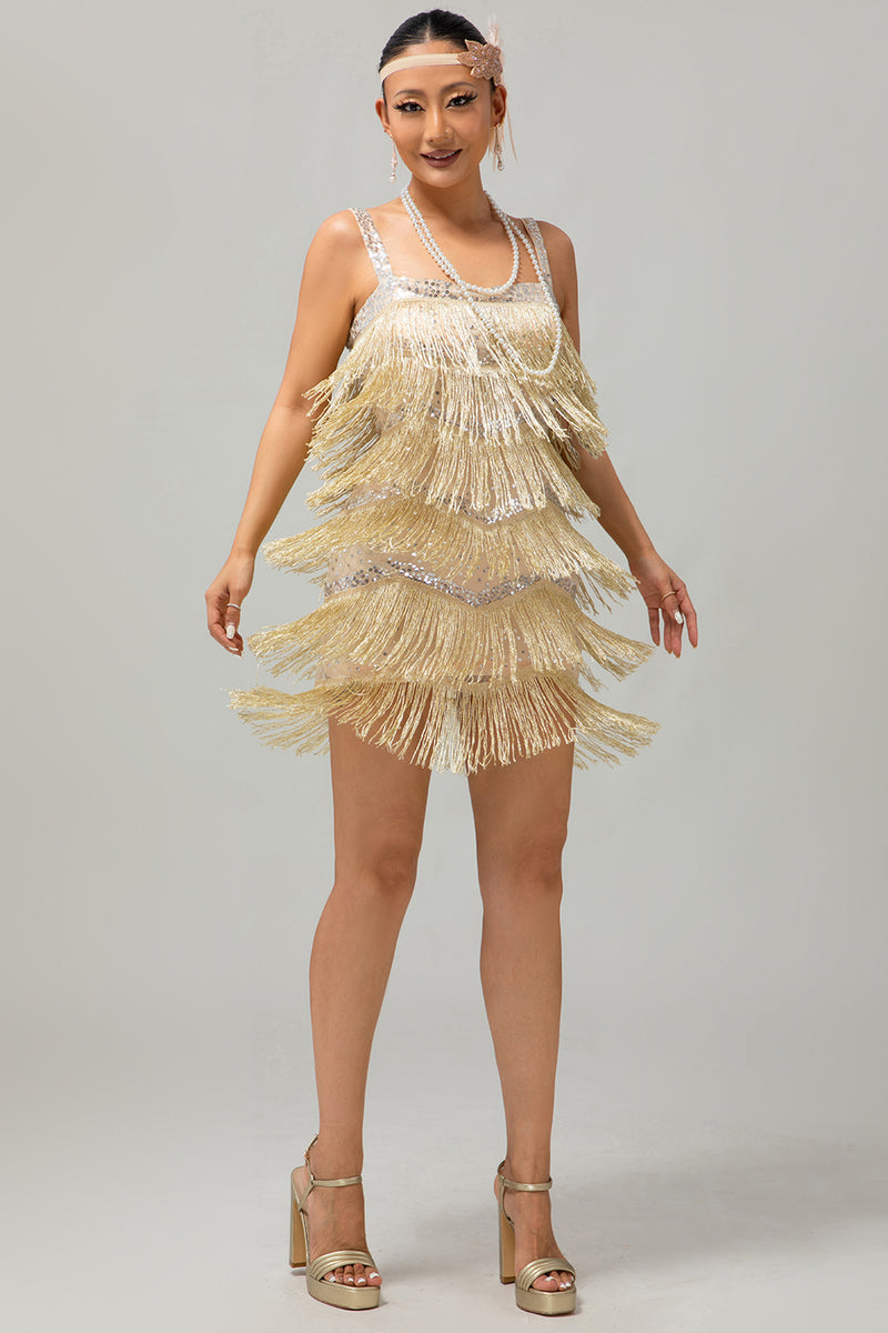 Load image into Gallery viewer, Sparkly Golden Tight Short Flapper Dress with Fringes