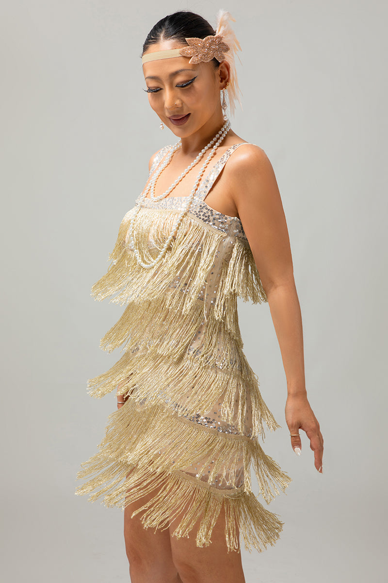 Load image into Gallery viewer, Sparkly Golden Tight Short Flapper Dress with Fringes