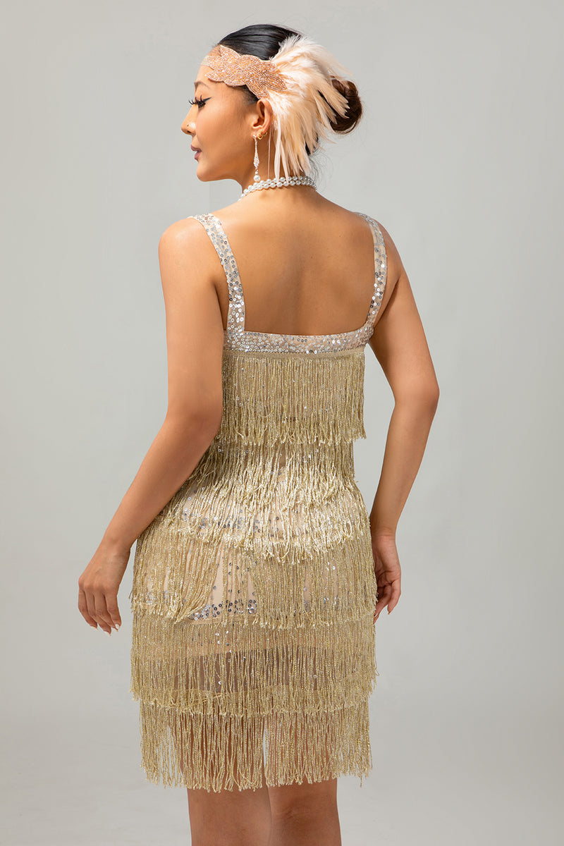 Load image into Gallery viewer, Sparkly Golden Tight Short Flapper Dress with Fringes