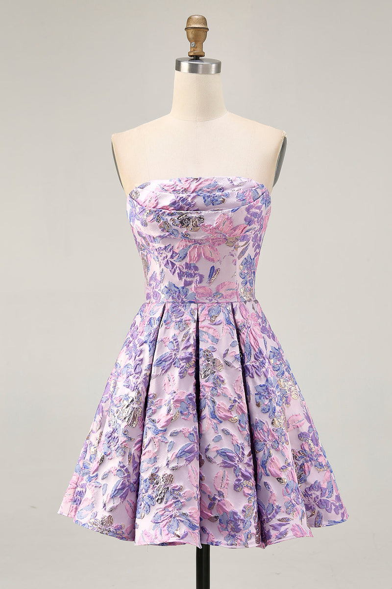 Load image into Gallery viewer, Floral Lilac A Line Ruched Strapless Short Homecoming Dress