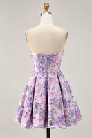 Load image into Gallery viewer, Floral Lilac A Line Ruched Strapless Short Homecoming Dress