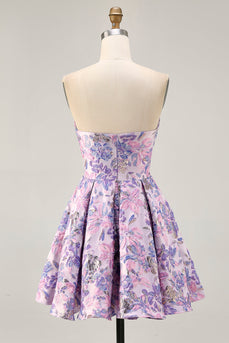 Floral Lilac A Line Ruched Strapless Short Homecoming Dress